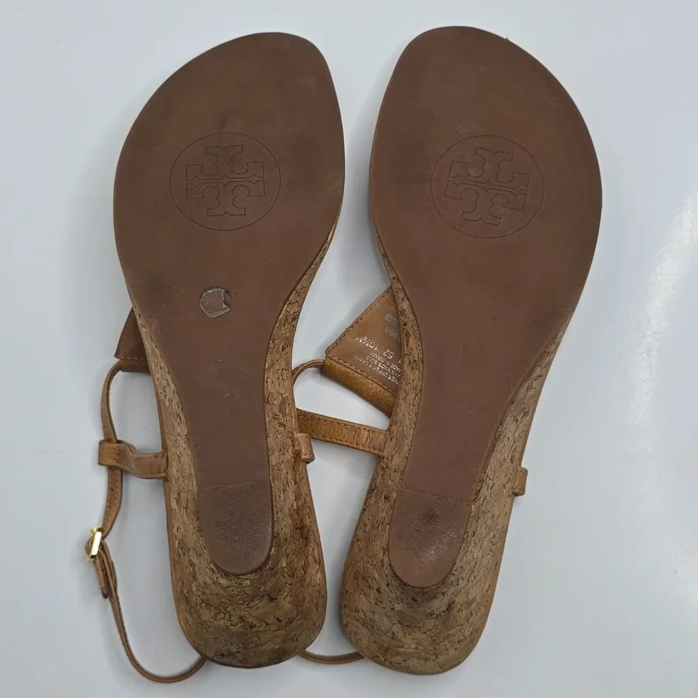 Tory Burch Britton Logo Cork Wedge Thong Sandals Size‎ 10.5 Tan Leather 2